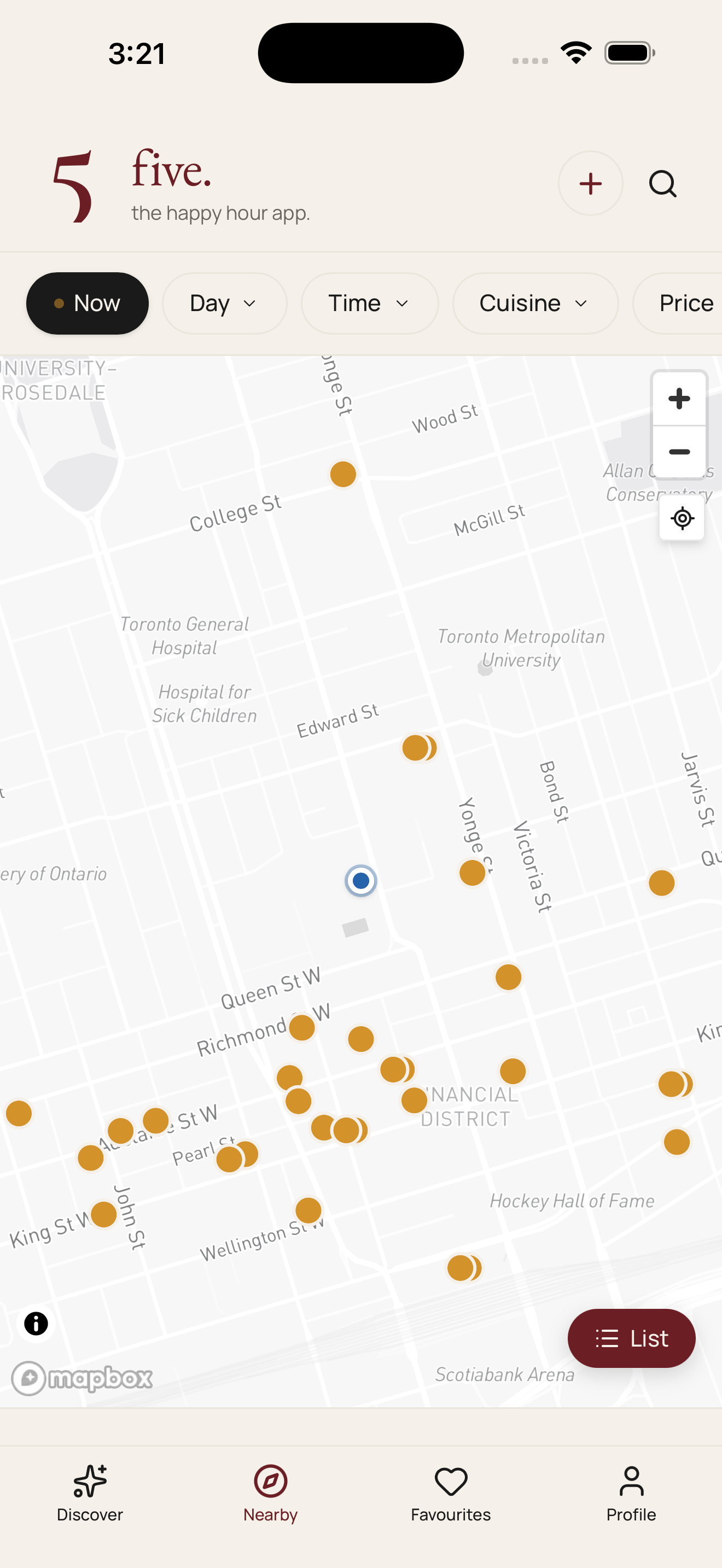 Five app with the now filter active, showing marigold pins for happy hours live right now