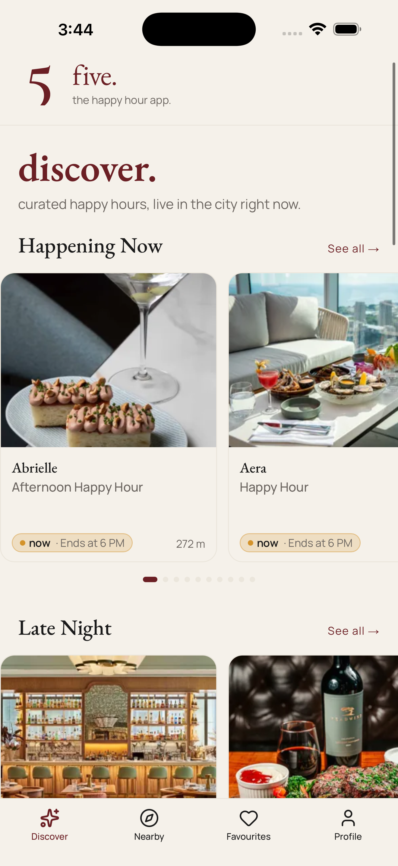 five app Discover page with happy hour collections